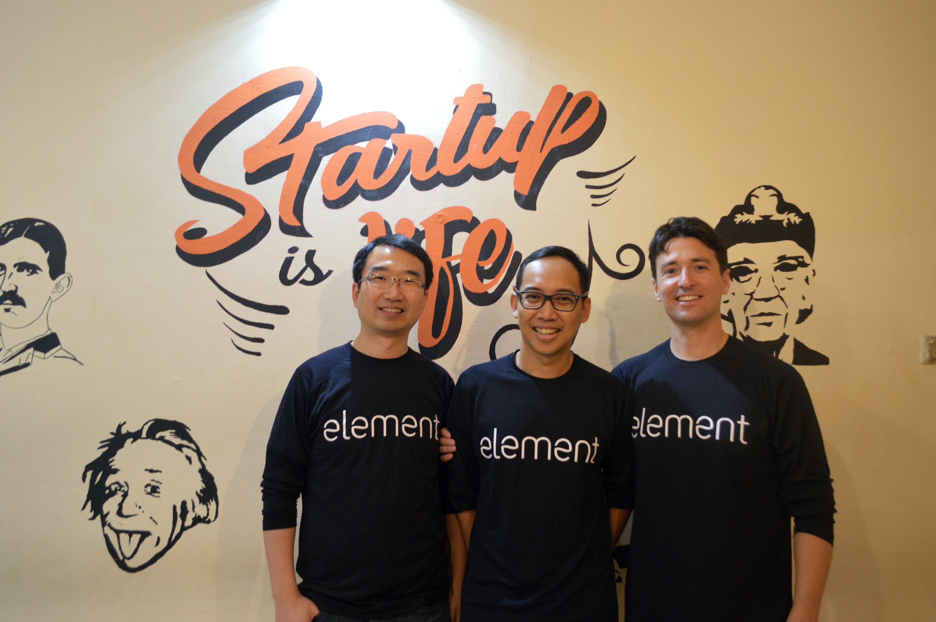 Yang Wang, Rizki Suluh Adi and Adam Perold wearing Element shirts at a SelasaStartup event