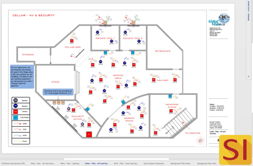 D-Tools System Integrator example showing a cellar floor plan with audiovisual and security devices
