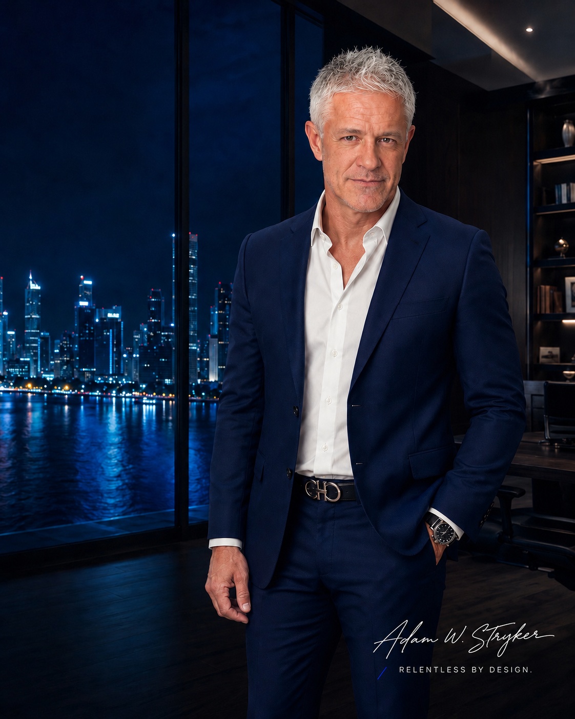 Adam W. Stryker in a navy suit in his published press image