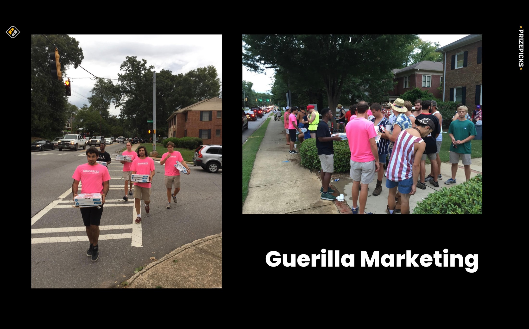 SidePrize team members in pink shirts carrying pizza boxes and meeting football fans