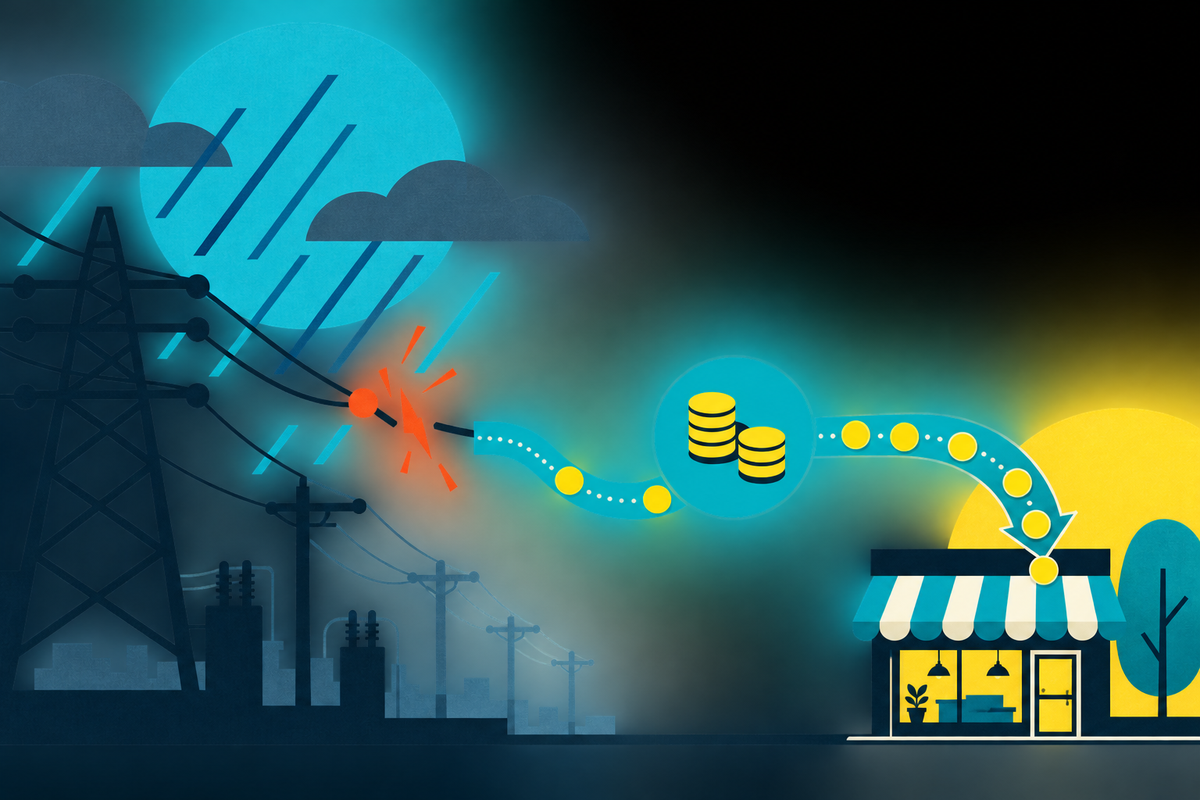 Abstract Swiss-style illustration of an interrupted power grid turning into a stream of funds for a small business
