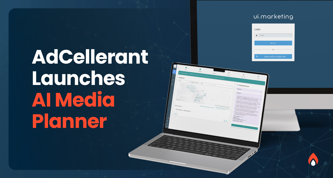 AdCellerant press image showing AI Media Planner on a laptop beside a Ui.Marketing login screen