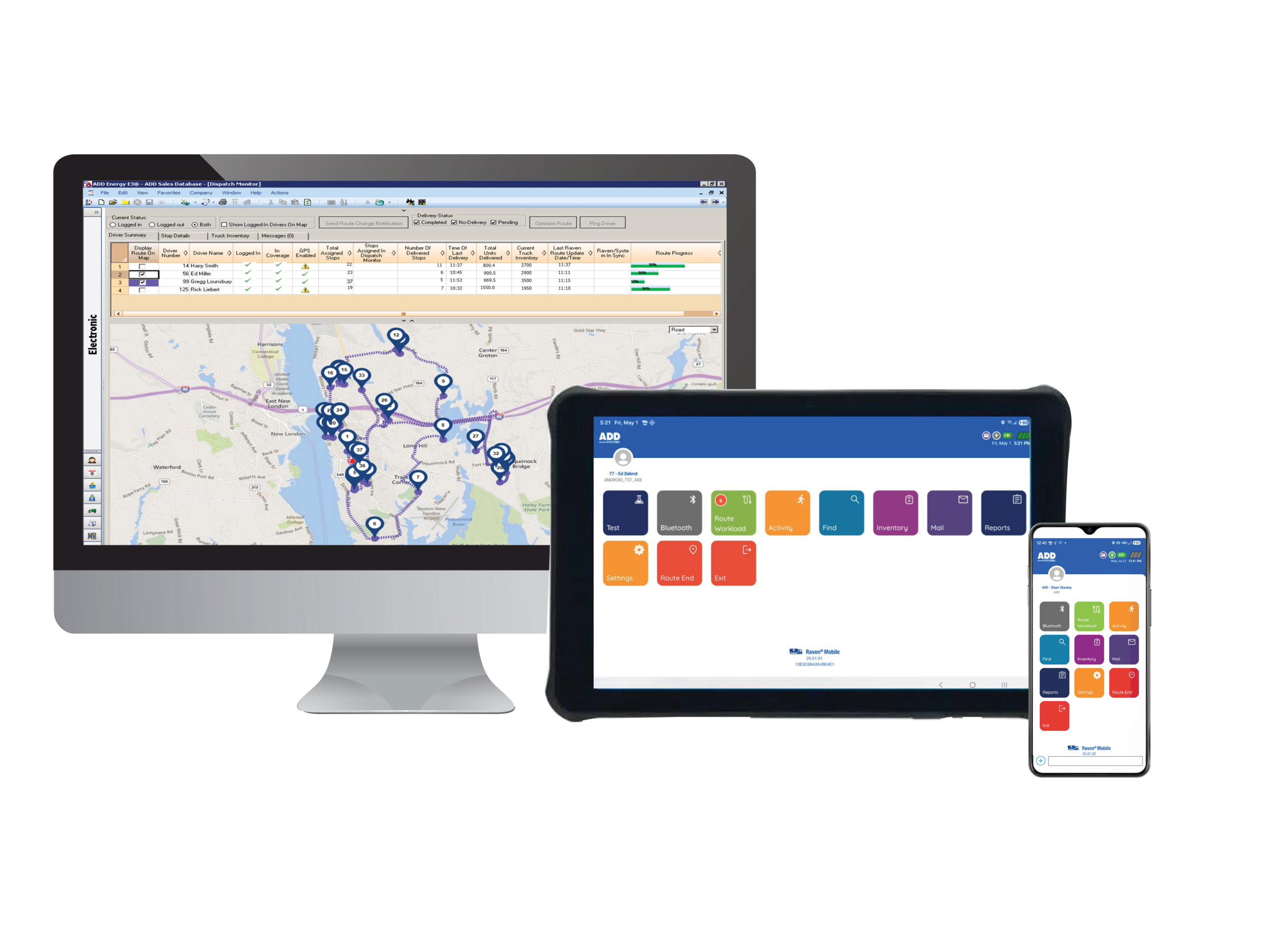 Raven product illustration showing a dispatch map on a desktop and delivery interfaces on an Android tablet and phone
