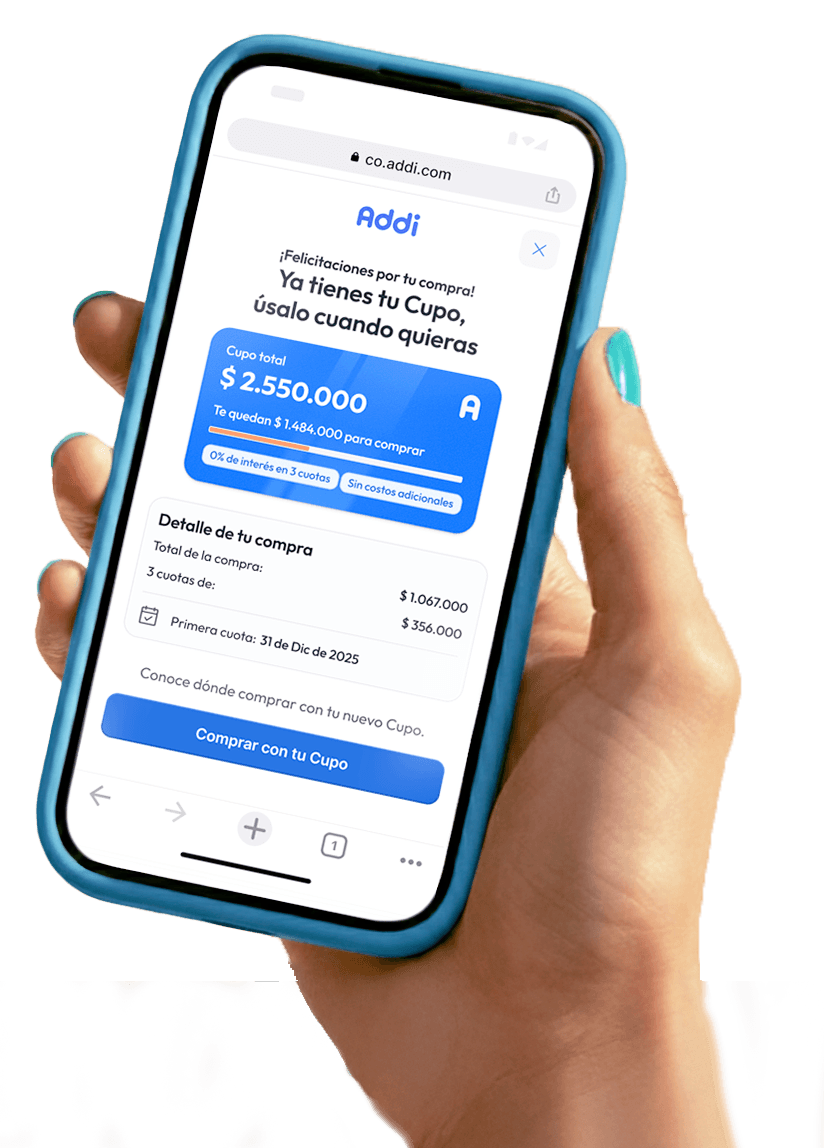 Addi promotional image of a purchase confirmation displayed on a phone