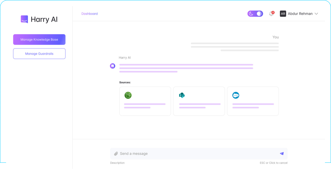 Harry AI dashboard showing knowledge-base management, guardrails and connected information sources