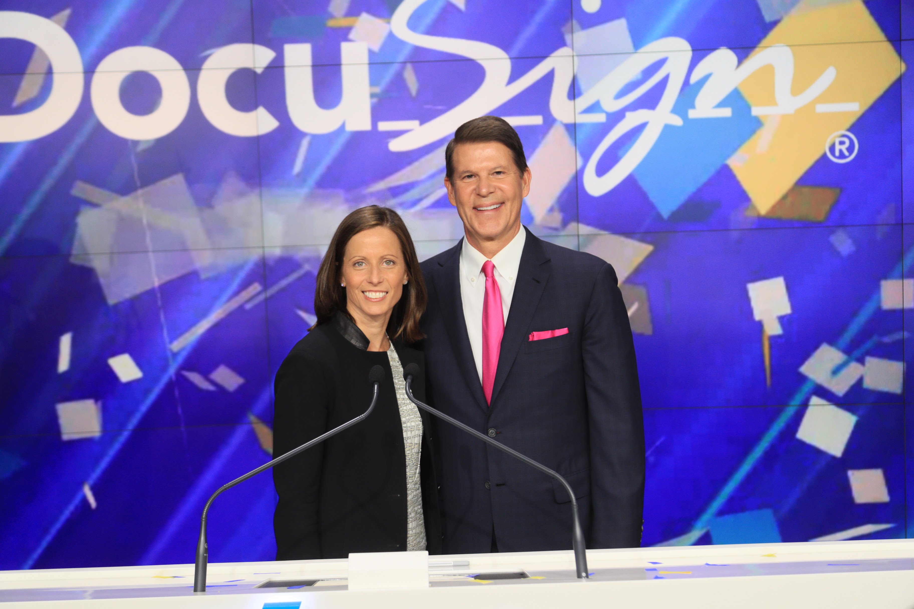 Adena Friedman and Keith Krach at the DocuSign IPO celebration in April 2018