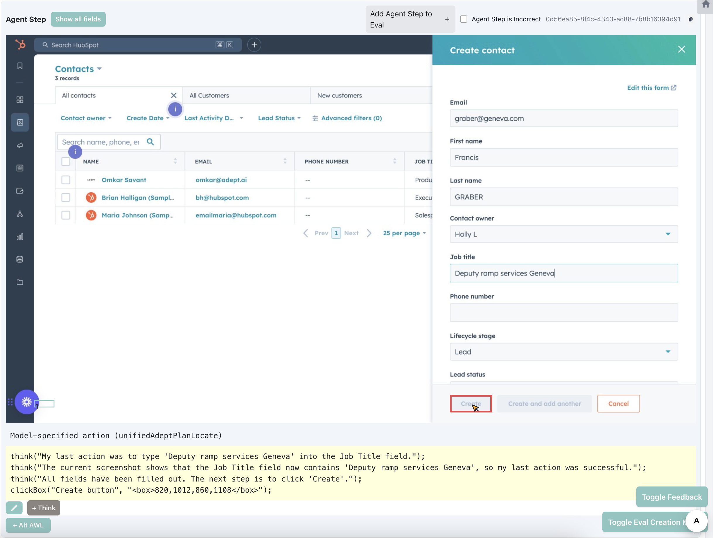 Adept internal workflow viewer showing the agent's screen capture and next step planning