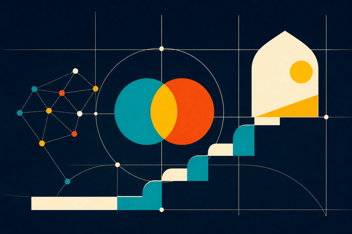 Abstract geometric illustration of interlocking circles, a network and ascending modular steps on navy