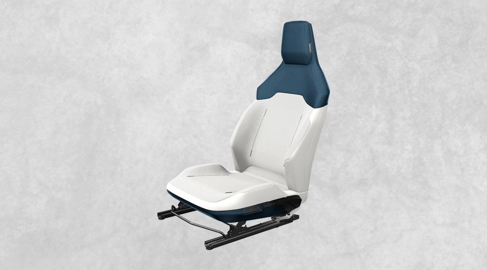 Adient seat render with a white cushion, dark blue head restraint and exposed lower tracks
