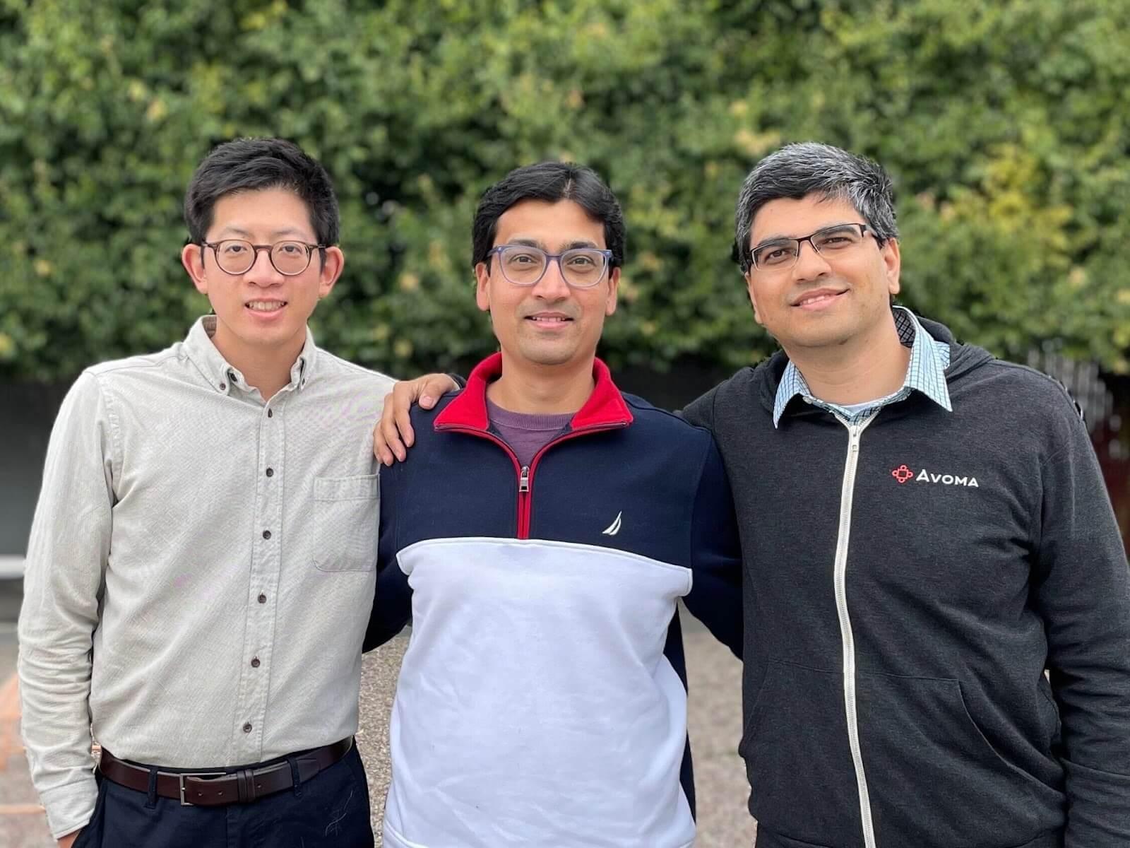 Avoma co-founders Albert Lai, Aditya Kothadiya and Devendra Laulkar standing together outdoors