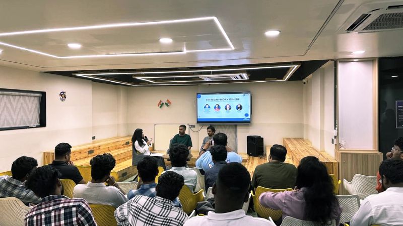 Aditya Vemuganti speaking with aspiring founders at a Fintech Friday event in Hyderabad