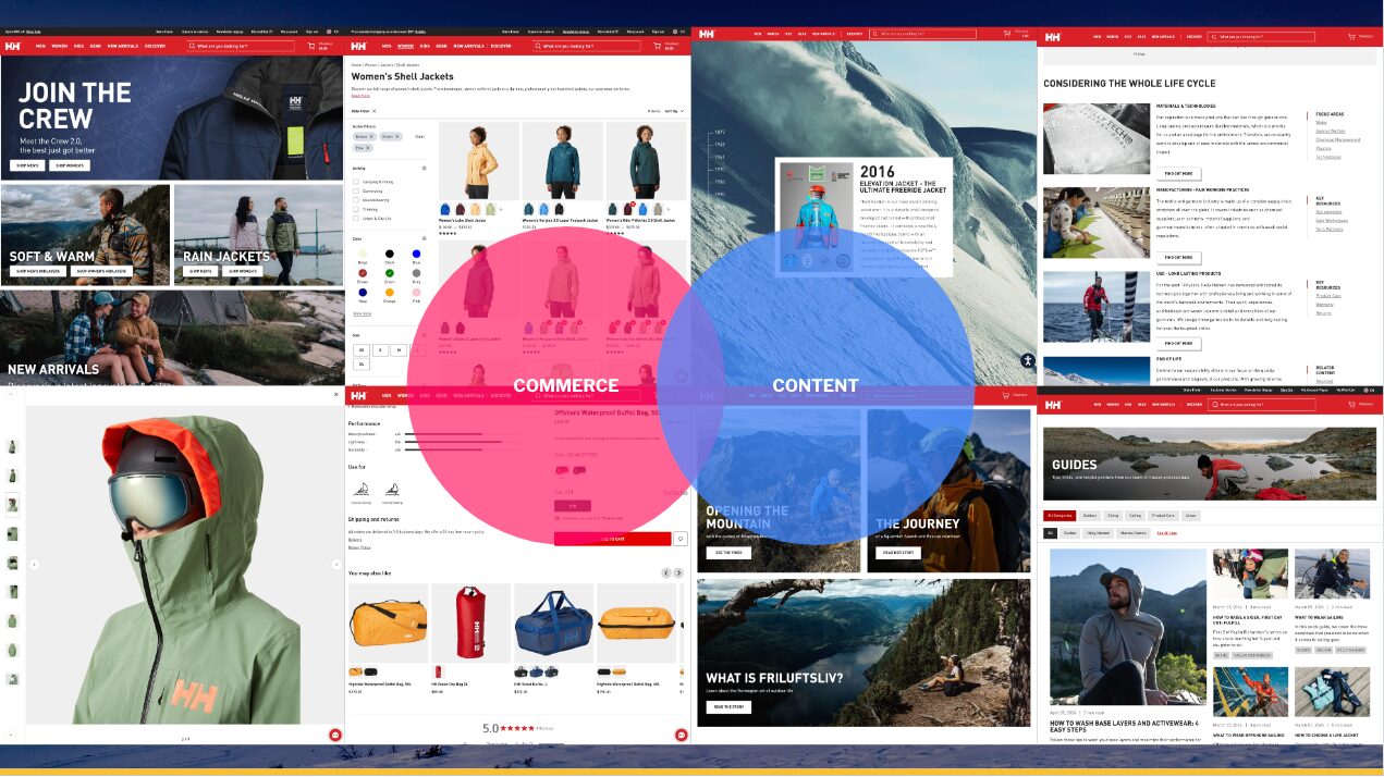 Historical montage of Helly Hansen product listings, outdoor clothing, and editorial pages, published by implementation partner Vaimo