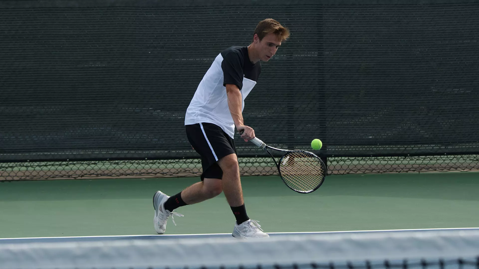 Adria Abella preparing a tennis shot while playing for Harding