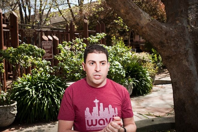 Adrian Aoun outdoors in a burgundy Wavii T-shirt during the startup’s early years
