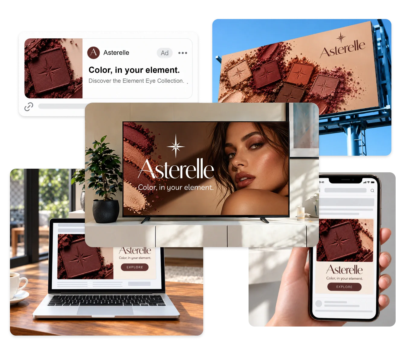 AdRoll illustration of sample Asterelle advertisements across screens and channels