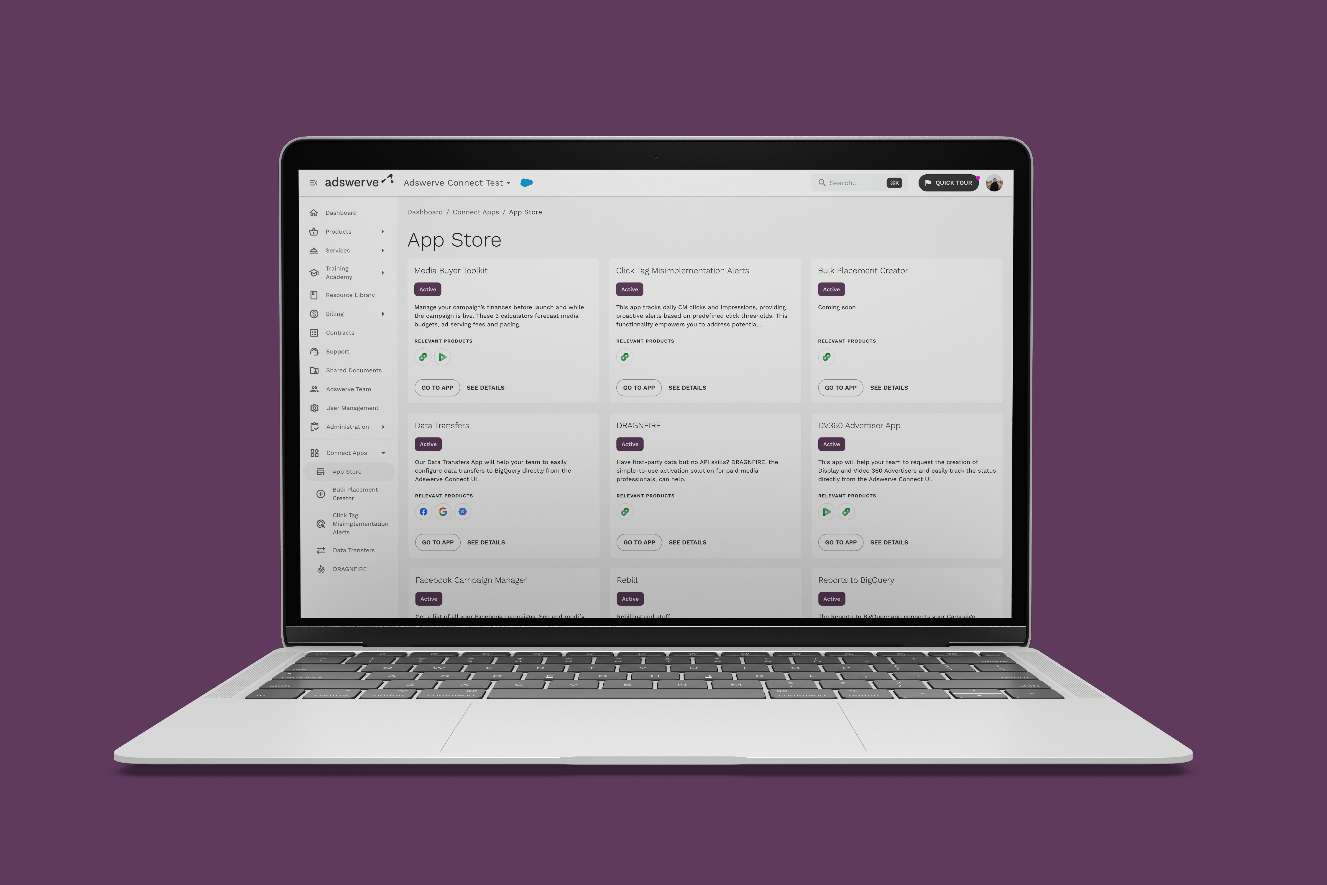 Official mockup showing the Adswerve Connect app store on a laptop