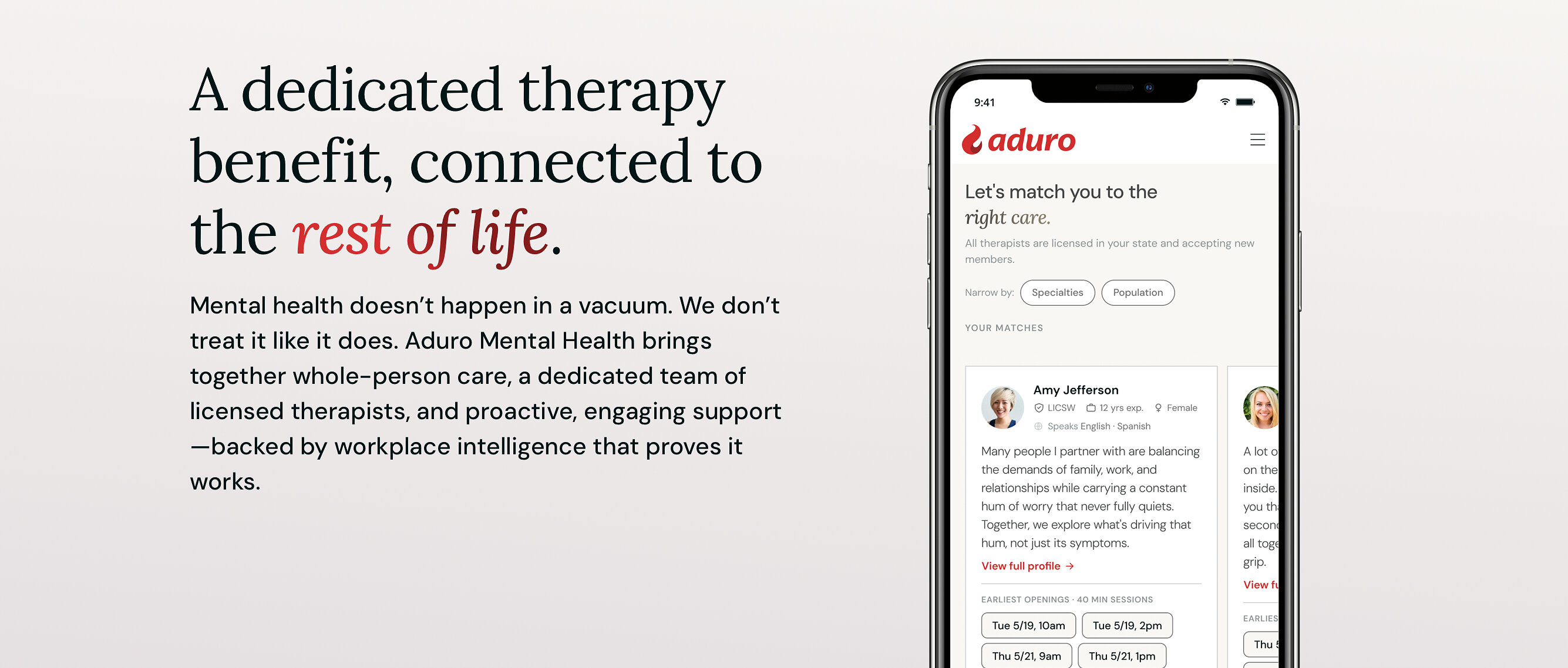 Aduro’s mental health launch image showing a virtual therapist matching interface