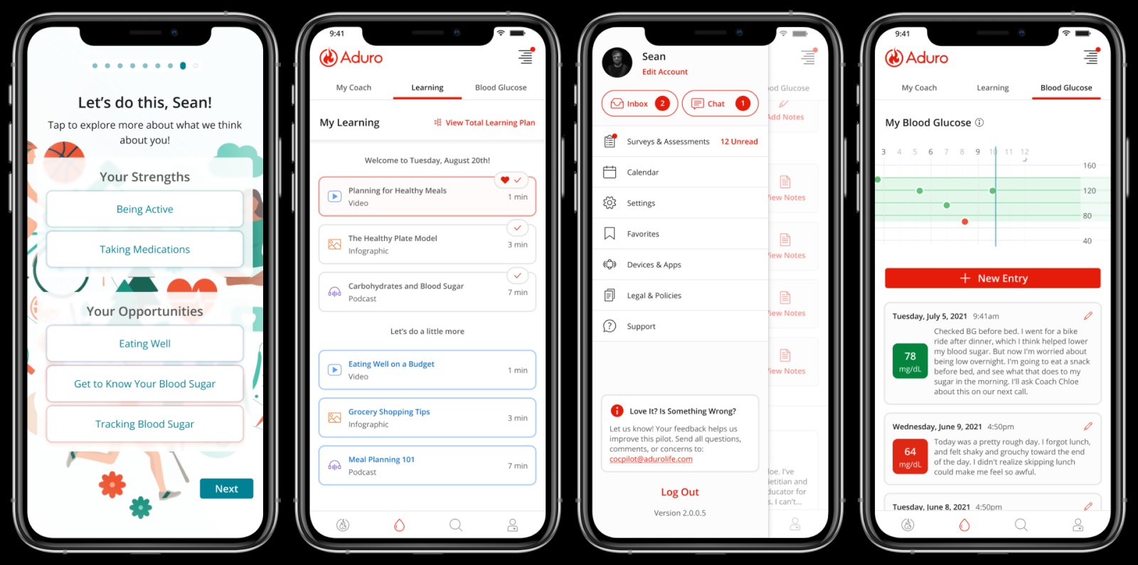 Four historical Aduro Connect Care app screens showing onboarding, learning, account tools, and glucose logging