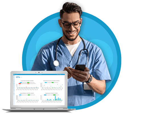 ADS promotional composite of a clinician and an analytics dashboard