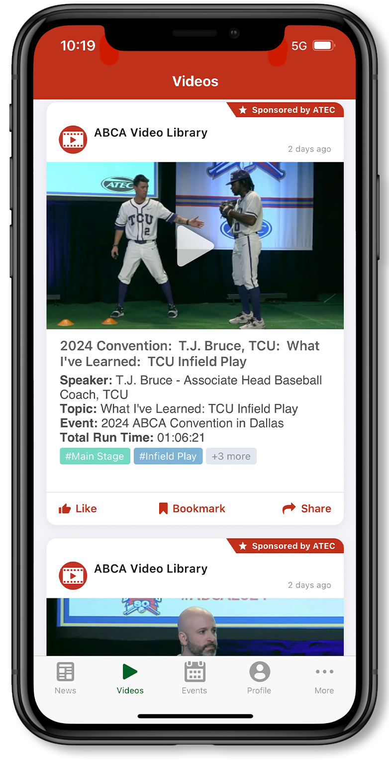 My ABCA mobile app showing its educational video library