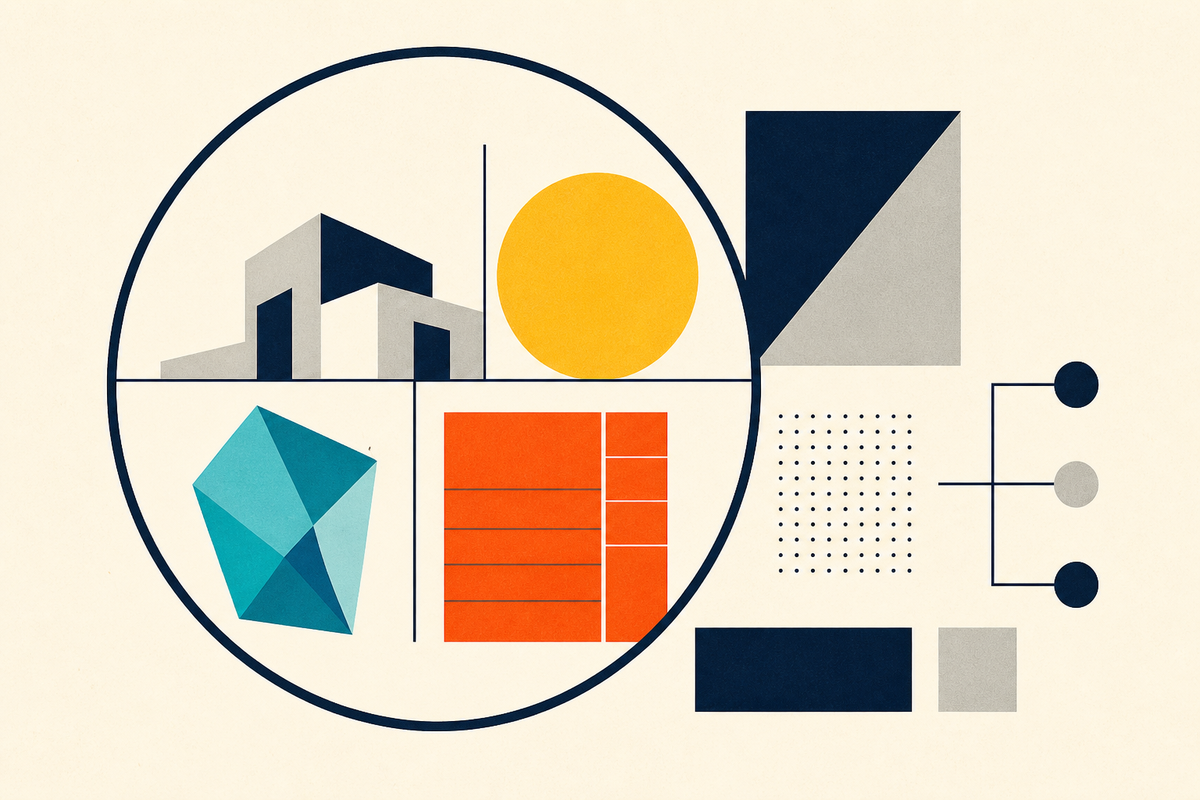 Abstract Swiss-style composition of geometric alternative assets organized inside a circular framework