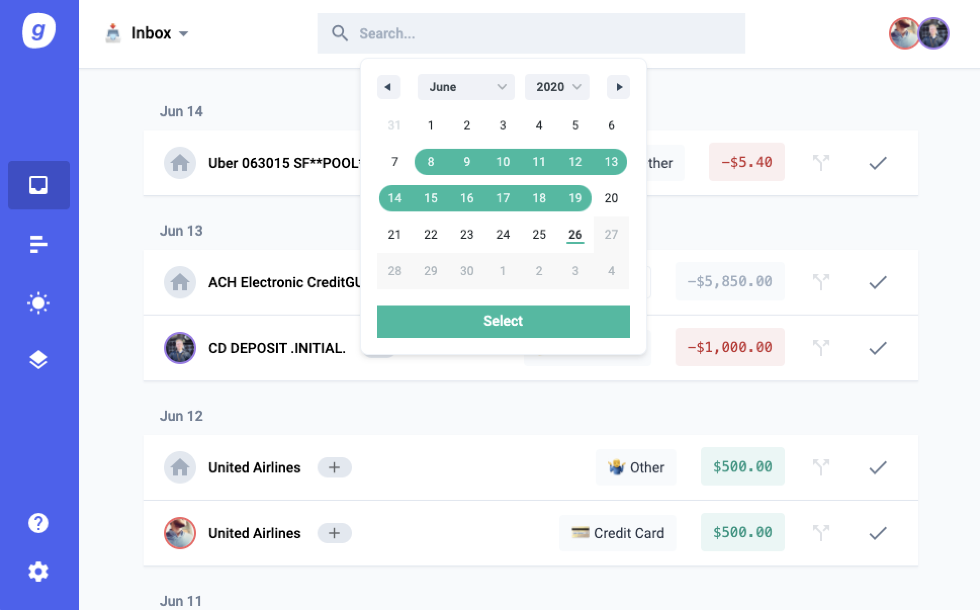 Historical Gather shared-finance interface showing transactions and a date picker