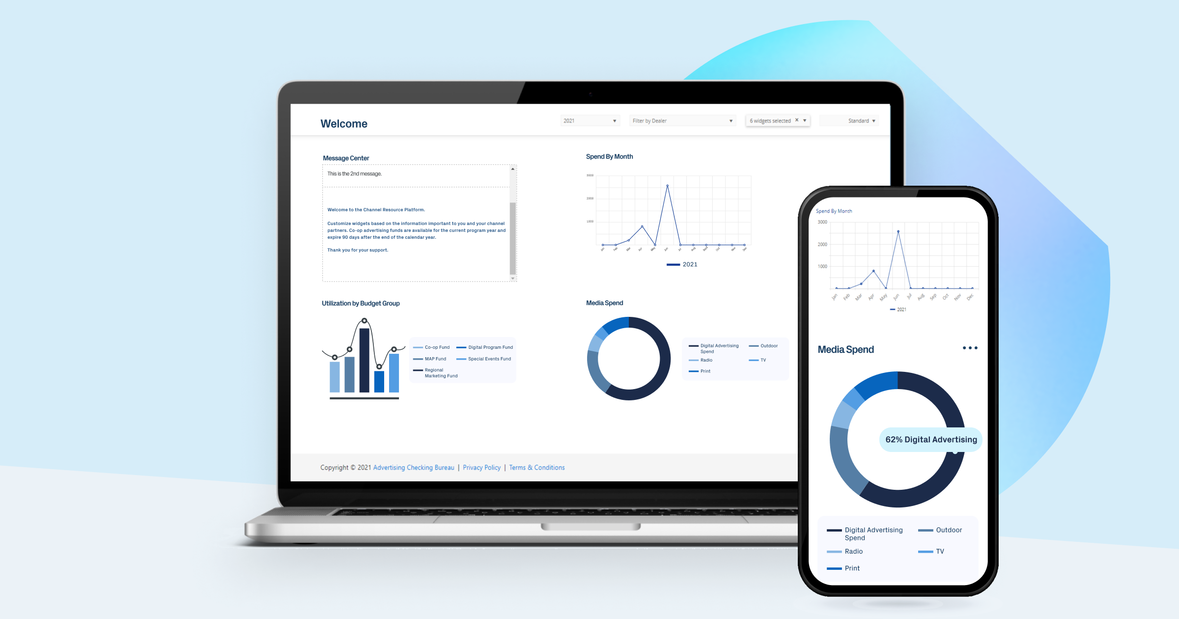 ACB’s promotional illustration of its Channel Resource Platform dashboard on a laptop and phone
