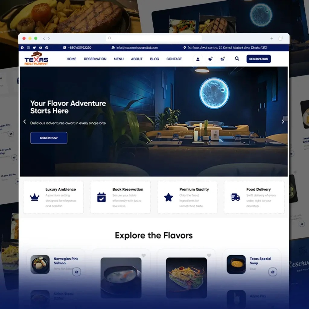 Samrat ICT portfolio mockup of the Texas restaurant website, featuring reservations, menus and food delivery