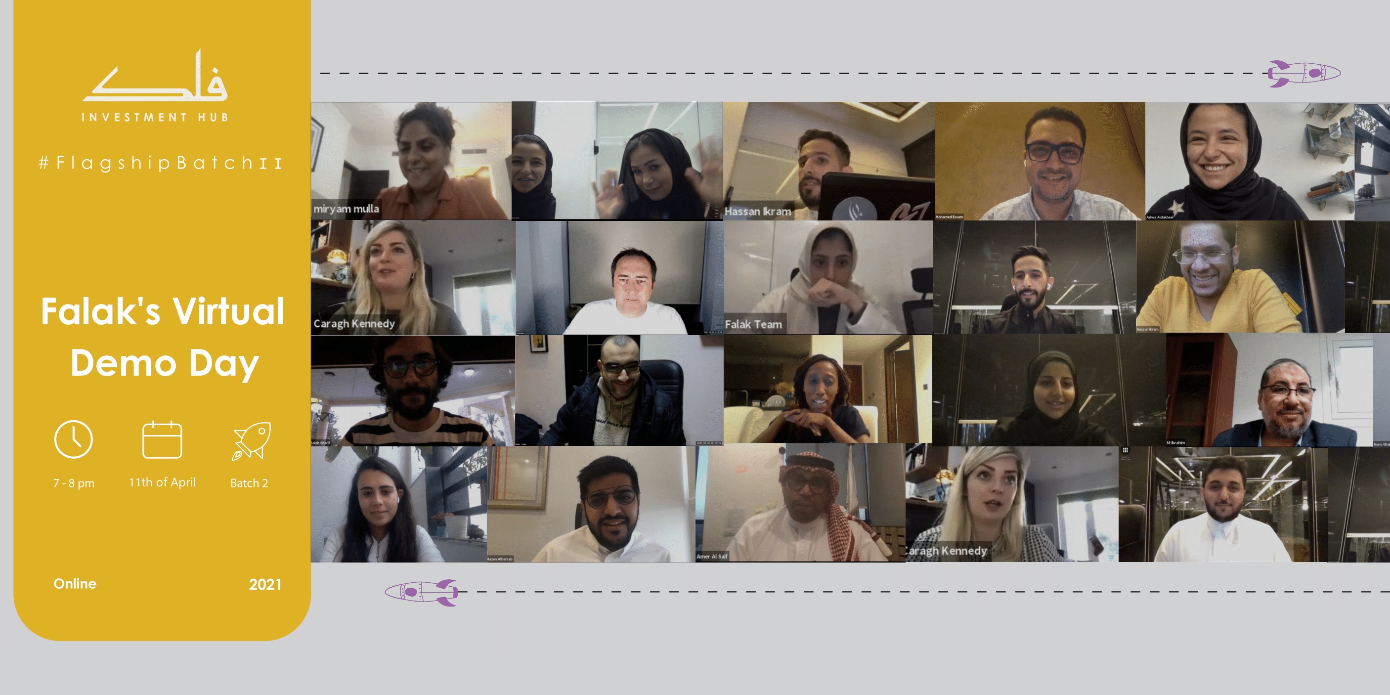 Falak’s 2021 virtual demo-day artwork, showing AlDakheel among founders and team members on video calls