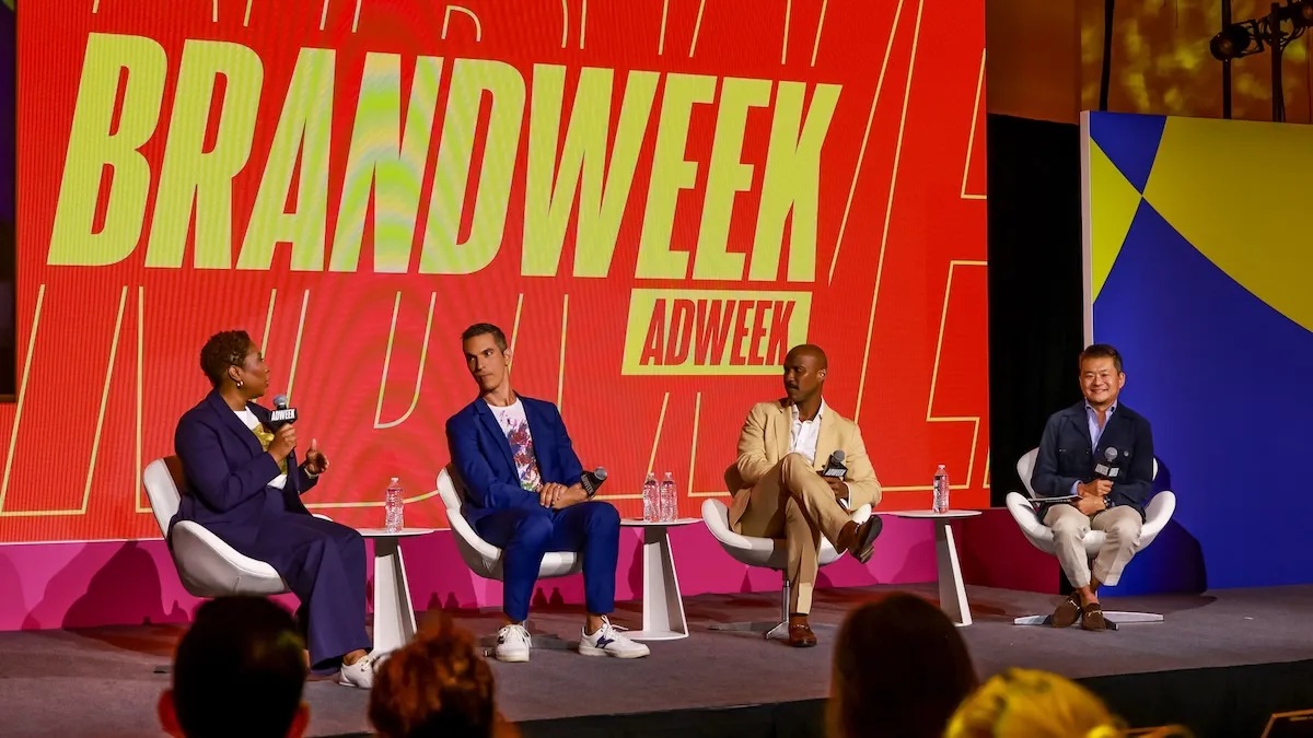 Audie Cornish, Ari Shapiro, Guy Griggs, and Will Lee seated on the Brandweek stage
