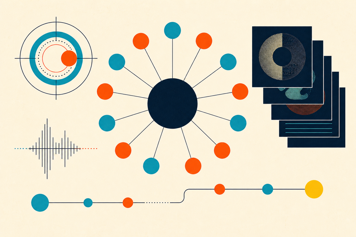 Abstract Swiss-style diagram of a central studio connecting hospital nodes, imaging, voice and workflow signals