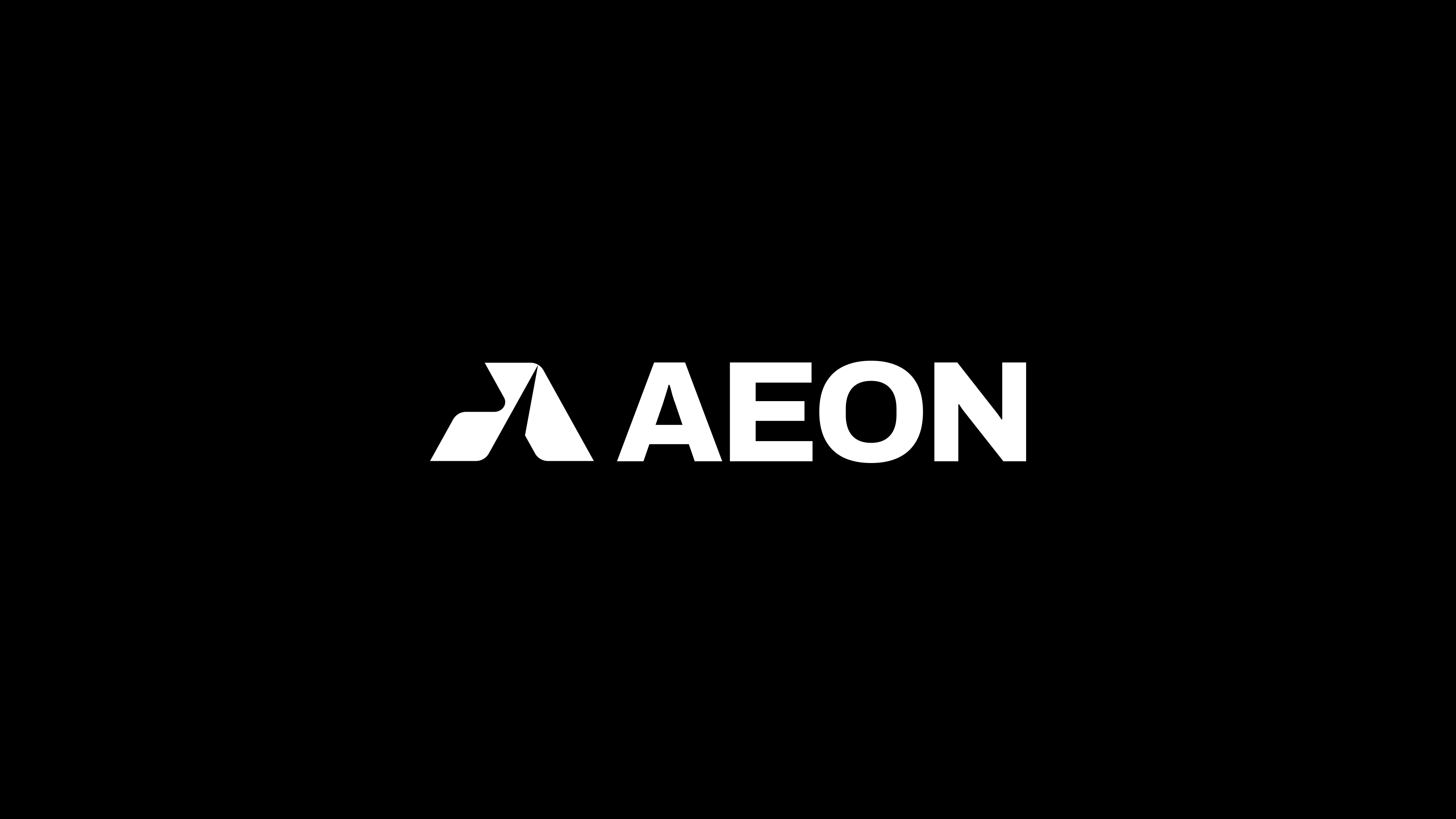 Aeon company logo - white AEON wordmark on black
