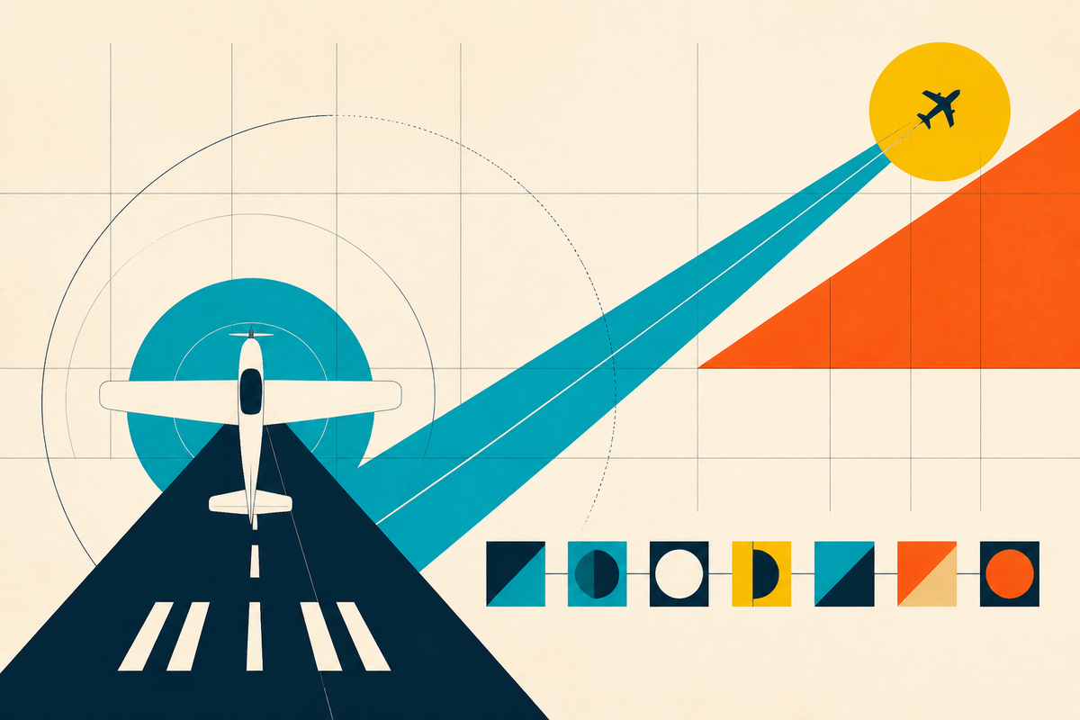 Abstract Swiss-style illustration of a training aircraft on a runway, geometric certification stages and a rising flight path