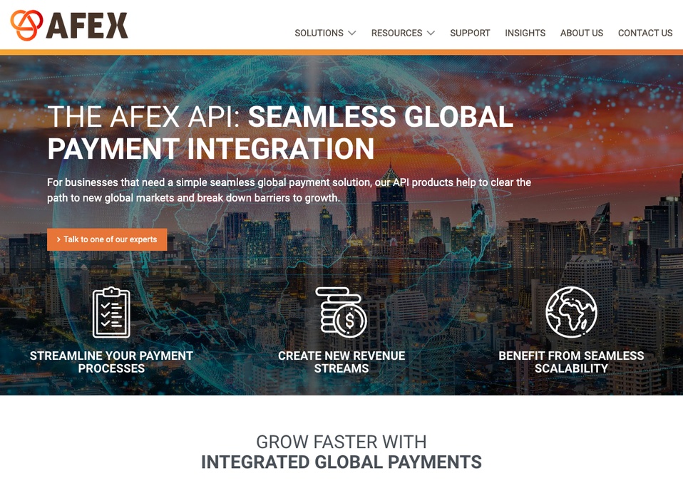 Archived AFEX website showing its API payment integration offering