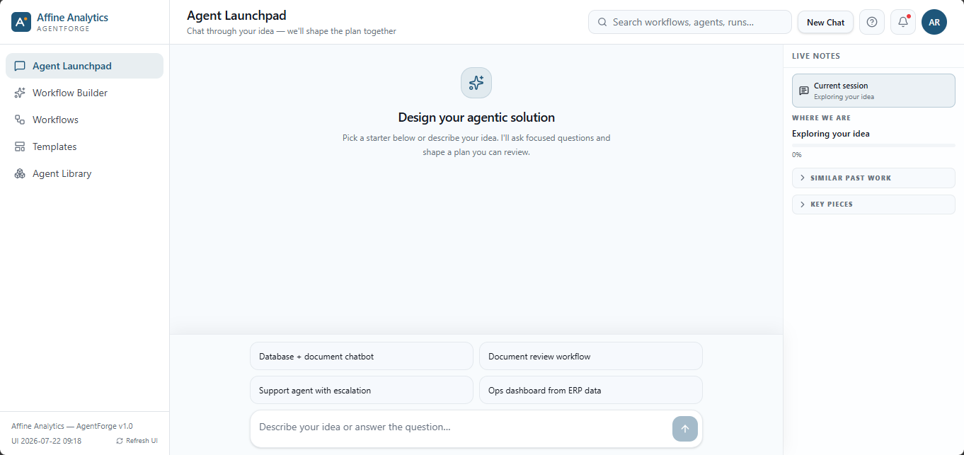 Affine Agentic AI Launchpad interface showing a conversational project-planning workspace