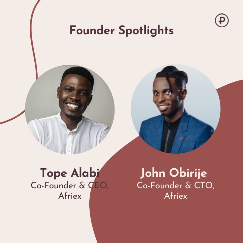 Portraits of Afriex founders Tope Alabi and John Obirije in a Precursor Ventures founder spotlight