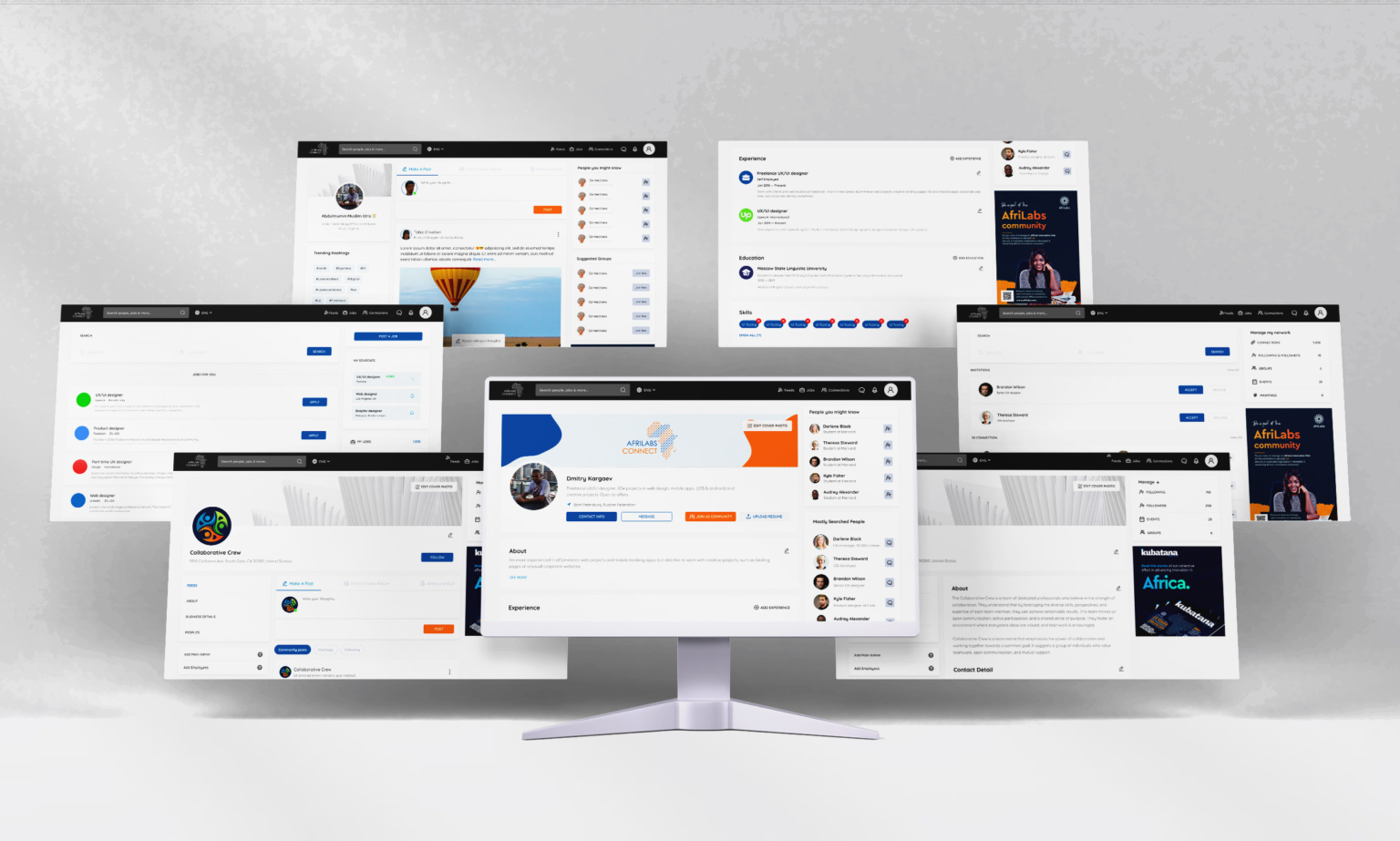 Official promotional montage of AfriLabs Connect profile, community, jobs and networking screens