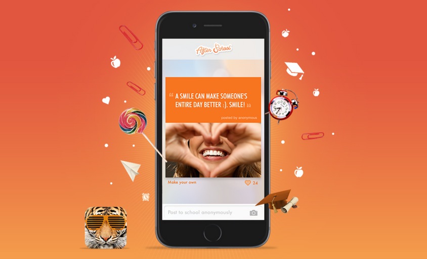 After School app mockup showing an anonymous positive message in a school feed