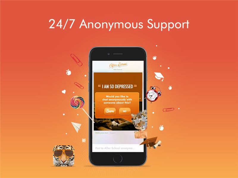 After School app mockup offering an anonymous chat after a distressed post
