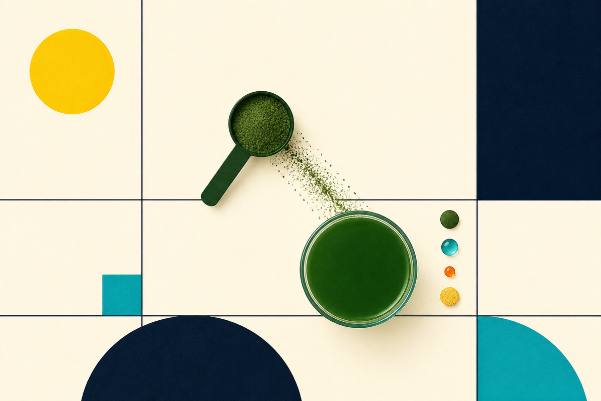 Geometric editorial illustration of a green powder scoop and a glass arranged on a Swiss grid
