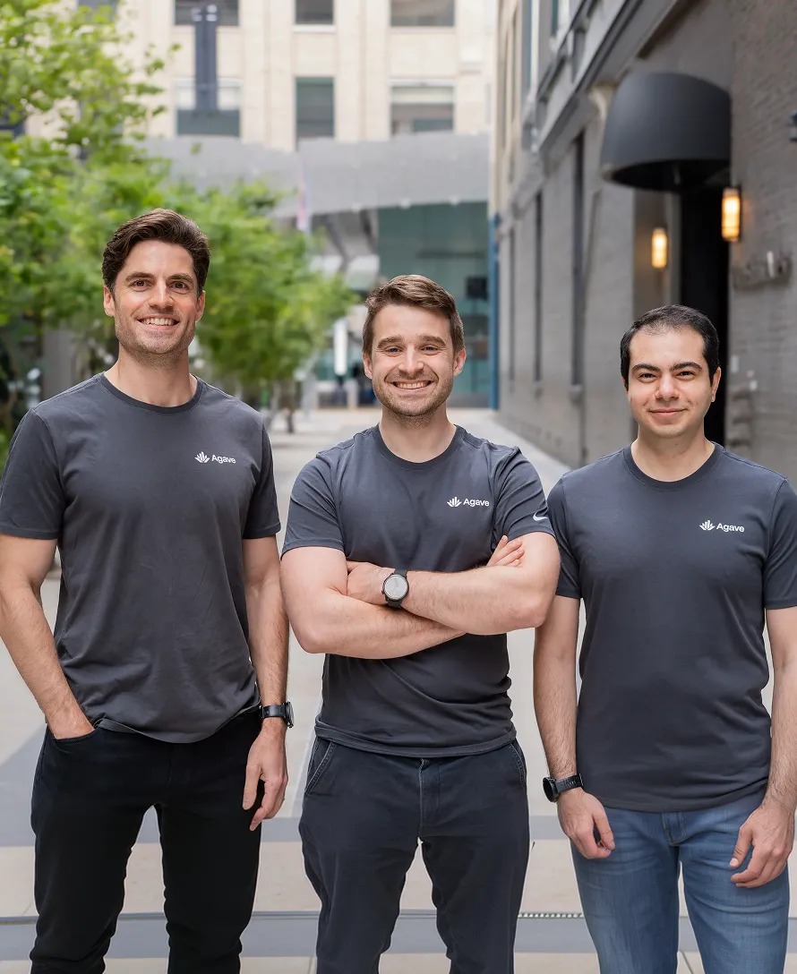 Agave co-founders Tom Reno, John Zucchi and Pooria Azimi standing together outdoors
