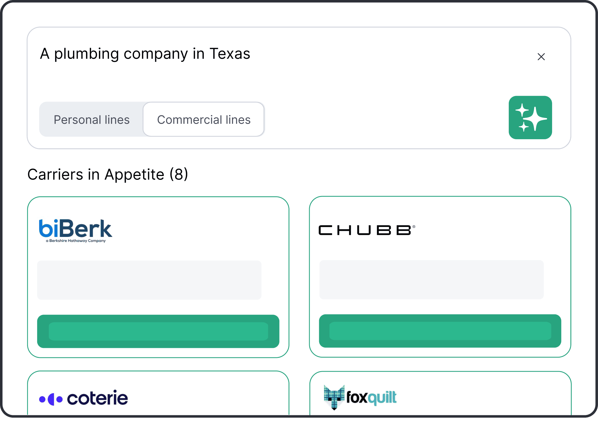 Agentero AI Appetite Checker interface showing carrier matches for a Texas plumbing company