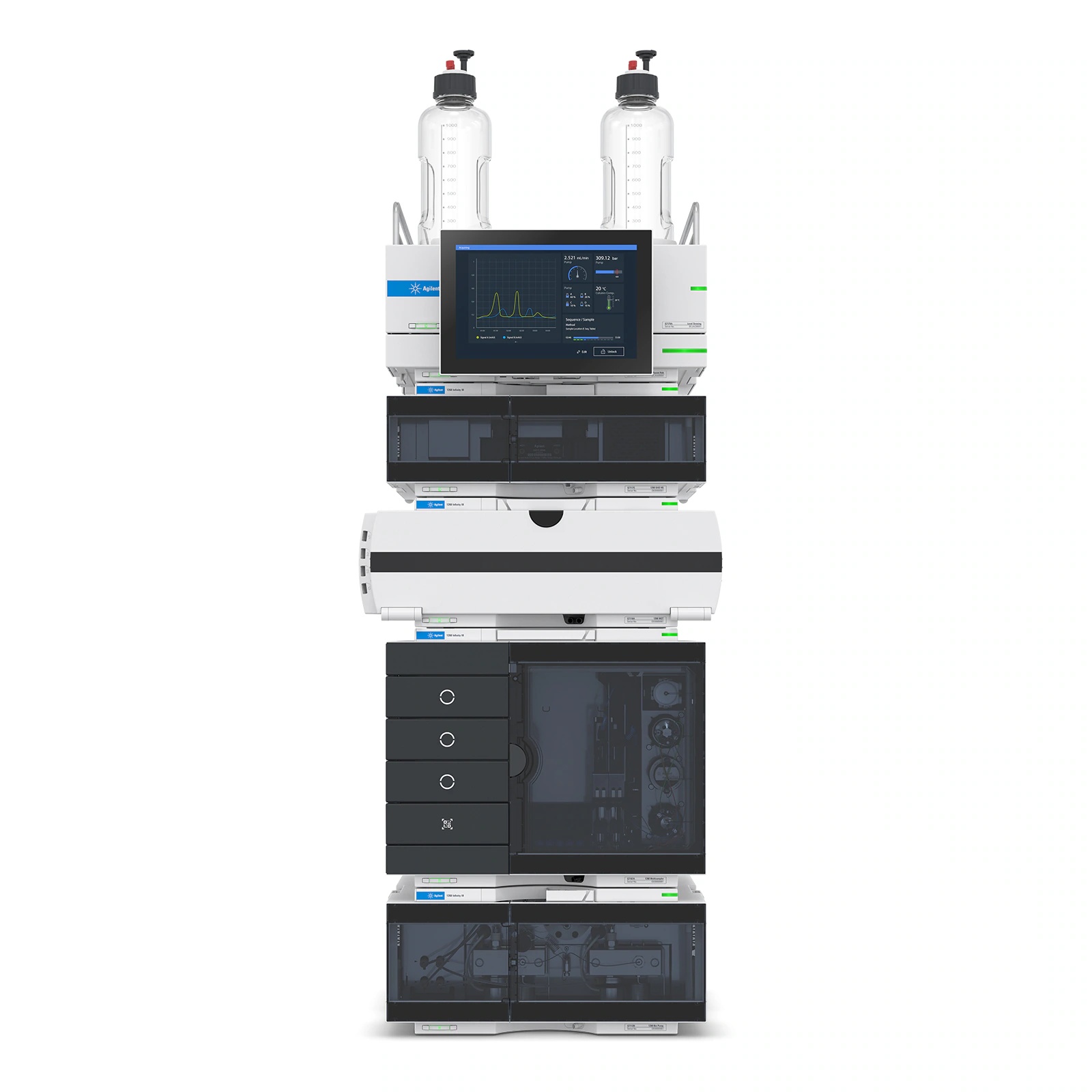 Agilent 1260 Infinity III liquid chromatography system with solvent bottles, touchscreen, and stacked instrument modules
