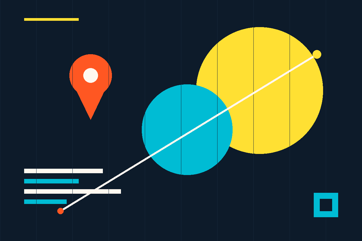Swiss-style geometric illustration of a globe, a location pin, and a flight path