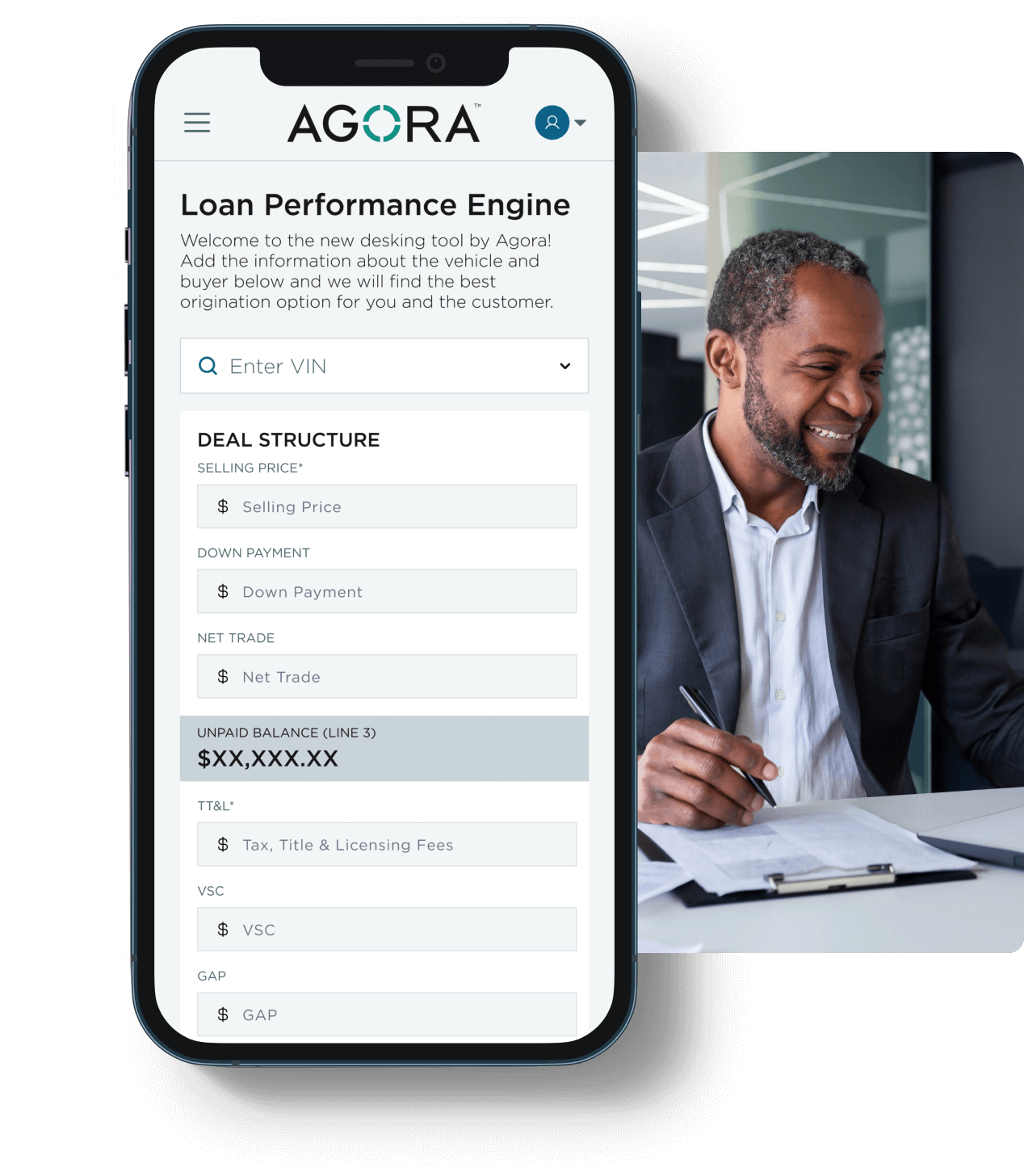 Agora promotional illustration showing its Loan Performance Engine deal-structure interface
