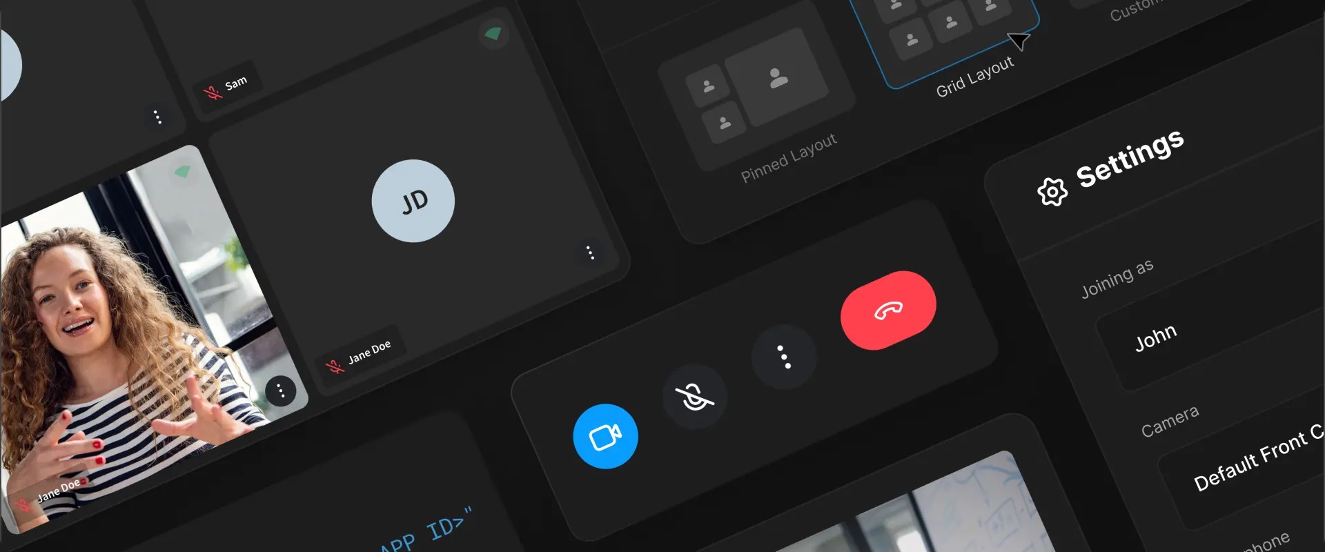 Agora product illustration showing video participant tiles and call controls