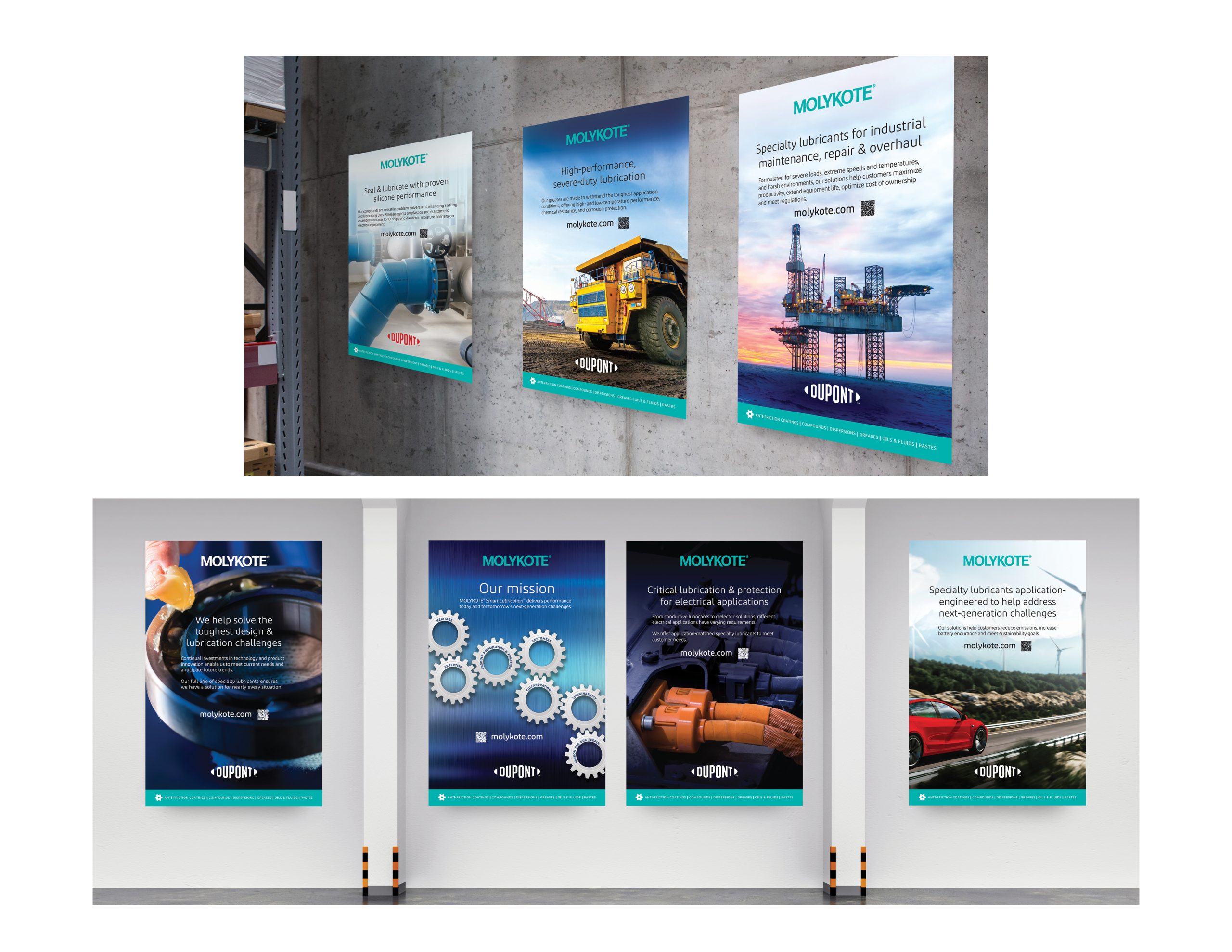 A series of DuPont MOLYKOTE industrial lubricant posters designed for factory and warehouse settings