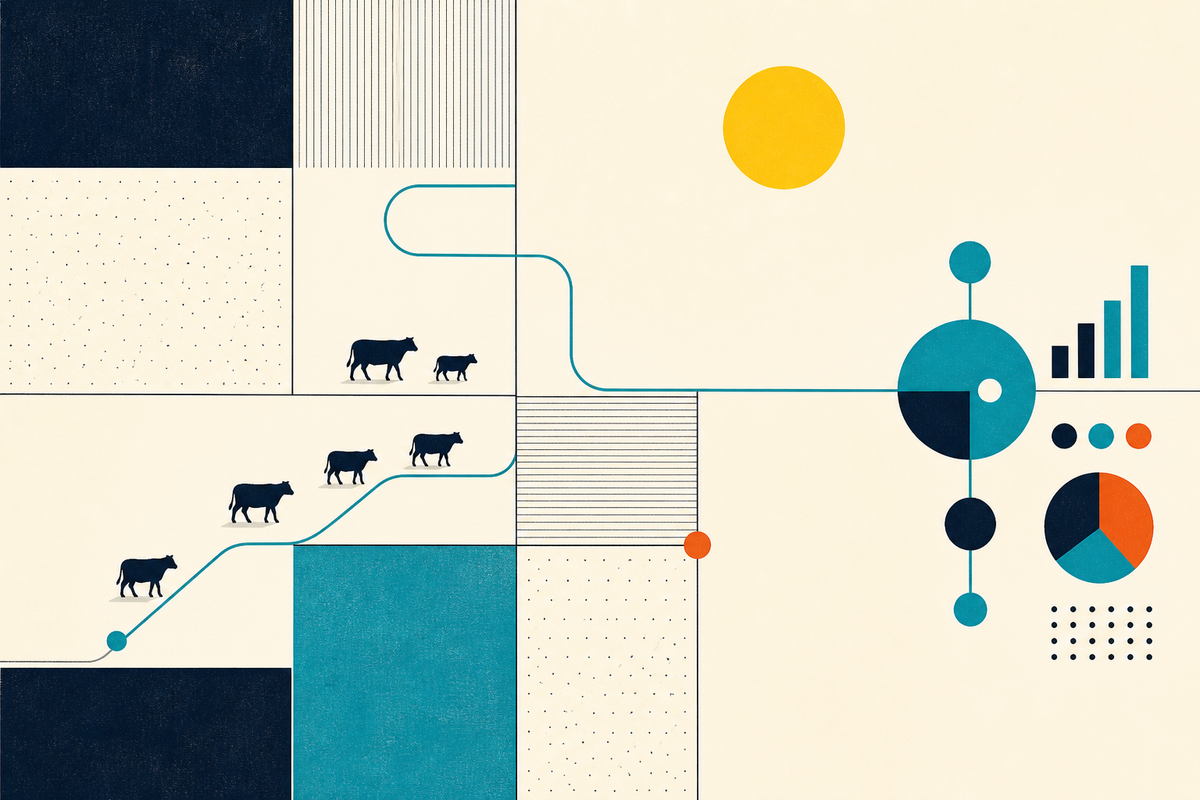 Abstract Swiss-style illustration of cattle moving through geometric paddocks toward data shapes