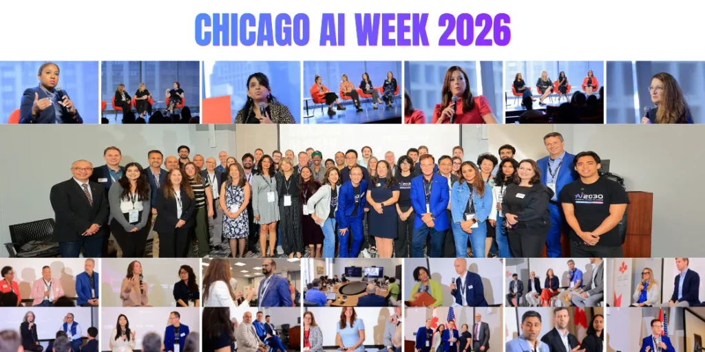 AI 2030 collage of Chicago AI Week 2026 panels, speakers, and a group photograph