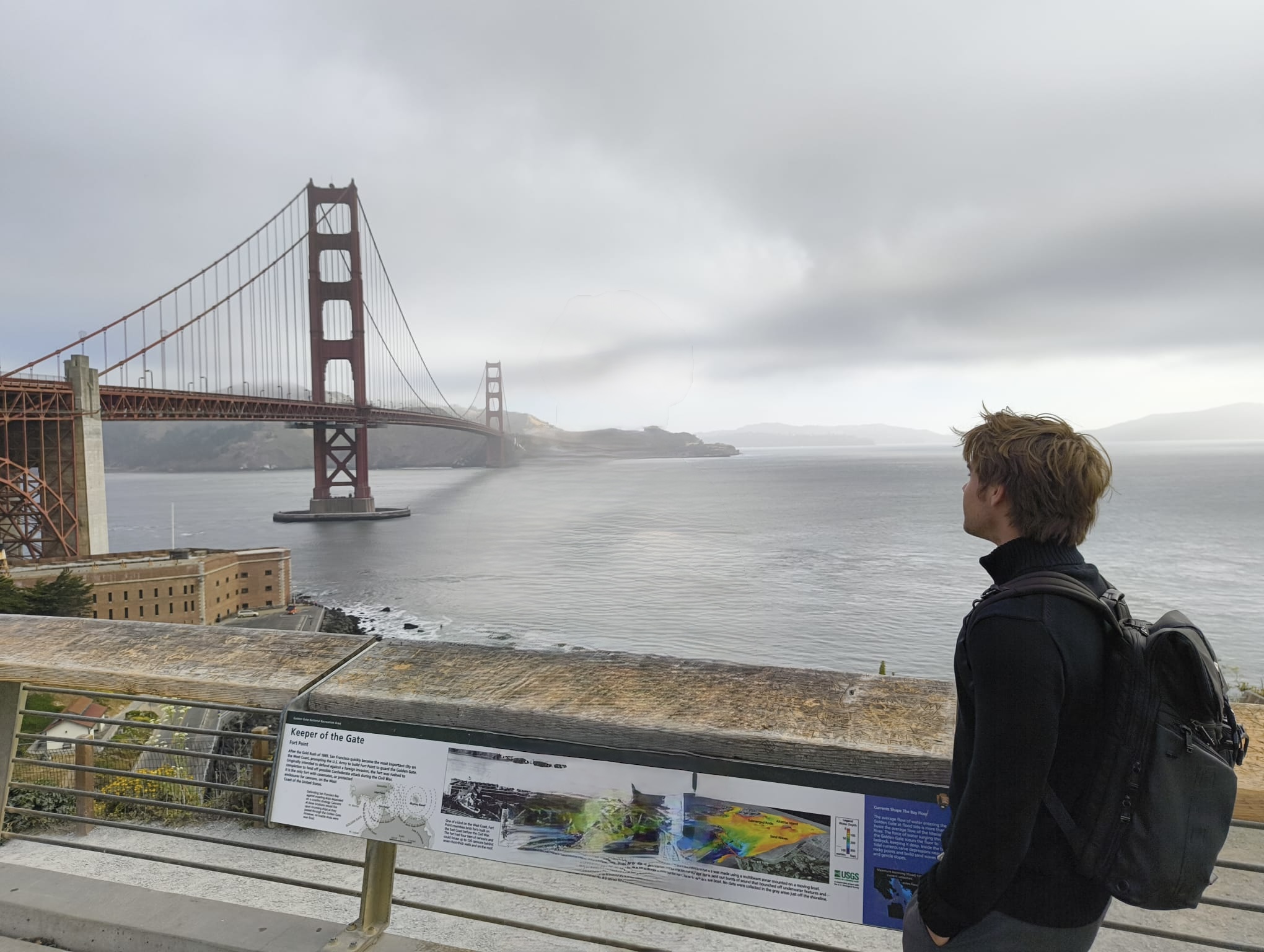 Ai Daniil Bekirov looking across San Francisco Bay toward the Golden Gate Bridge
